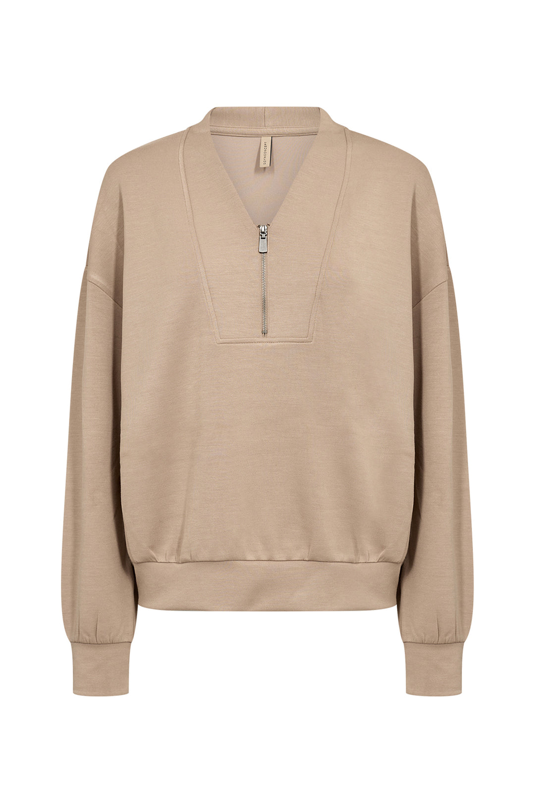 A beige long-sleeve sweatshirt with a half-zip V-neck collar, shown against a plain white background.