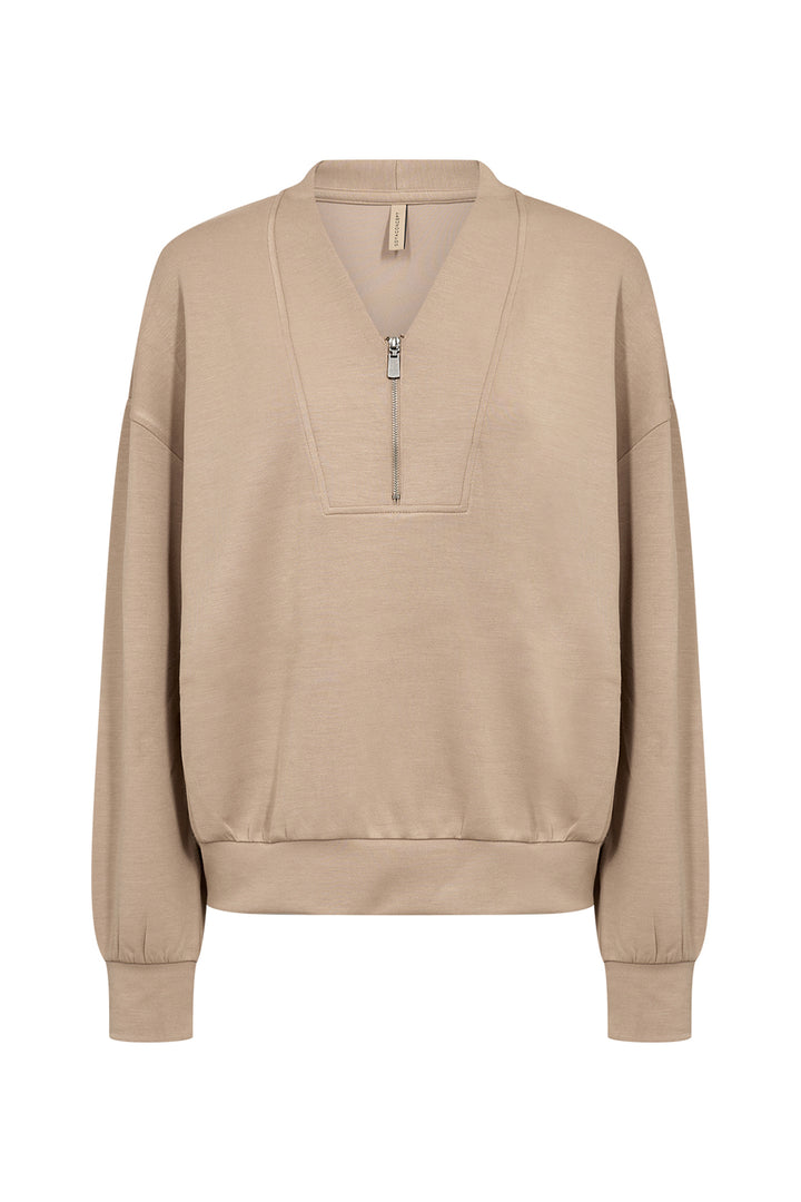 A beige long-sleeve sweatshirt with a half-zip V-neck collar, shown against a plain white background.