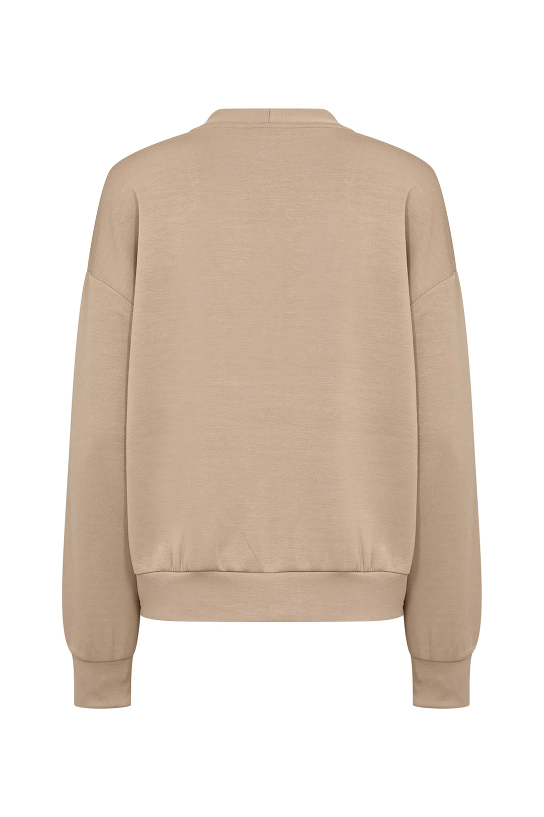 A light beige crewneck sweatshirt shown from the back, featuring long sleeves with ribbed cuffs and a matching ribbed hem, displayed on a clean white background.