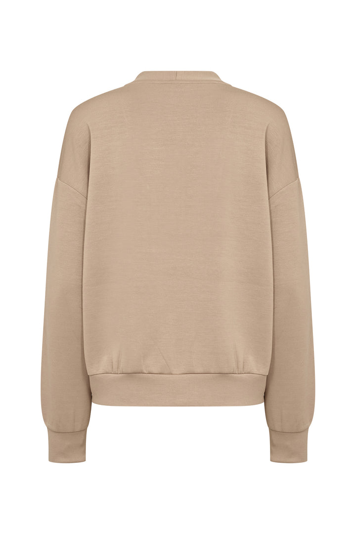 A light beige crewneck sweatshirt shown from the back, featuring long sleeves with ribbed cuffs and a matching ribbed hem, displayed on a clean white background.