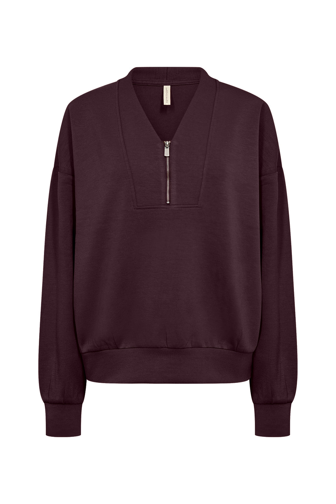 A dark plum purple long-sleeve sweatshirt with a half-zip V-neck collar, shown against a plain white background.