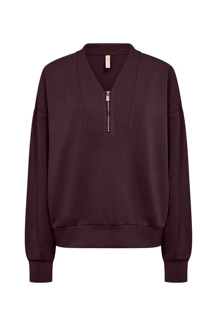 A dark plum purple long-sleeve sweatshirt with a half-zip V-neck collar, shown against a plain white background.