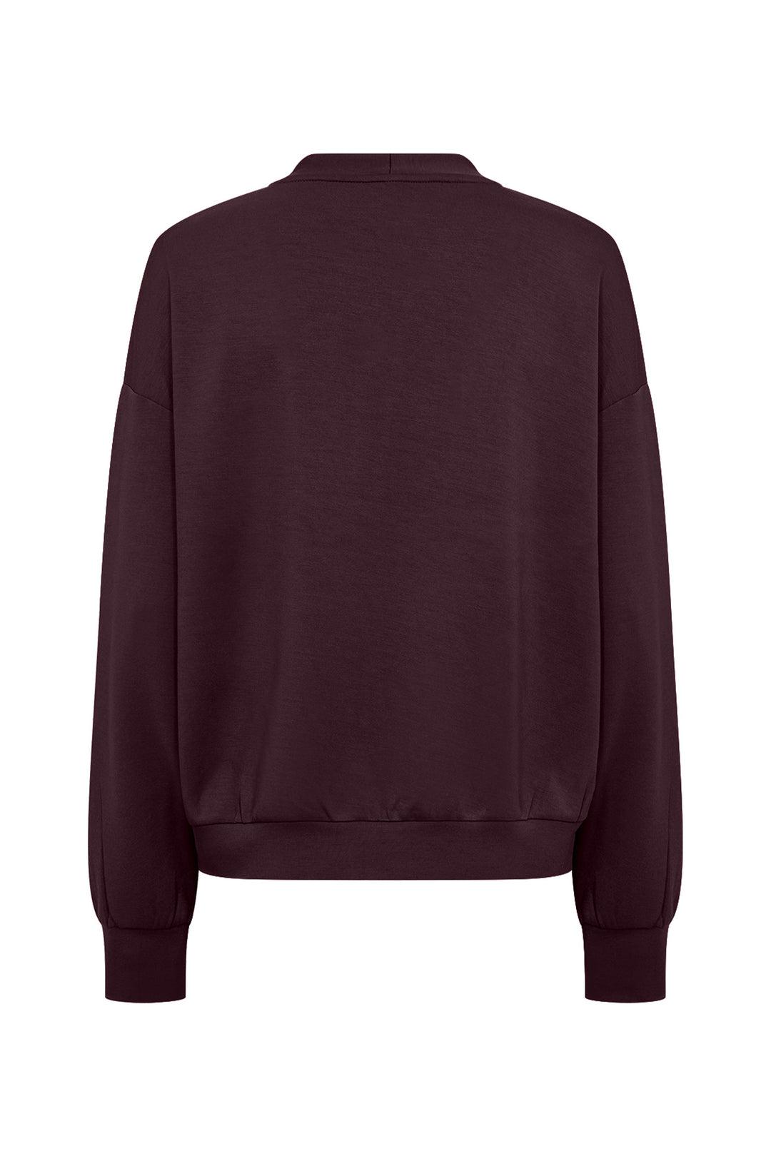 A dark plum-colored crewneck sweatshirt shown from the back, featuring a relaxed fit with ribbed cuffs and hem, displayed on a clean white background.