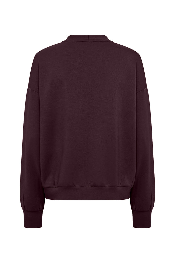 A dark plum-colored crewneck sweatshirt shown from the back, featuring a relaxed fit with ribbed cuffs and hem, displayed on a clean white background.