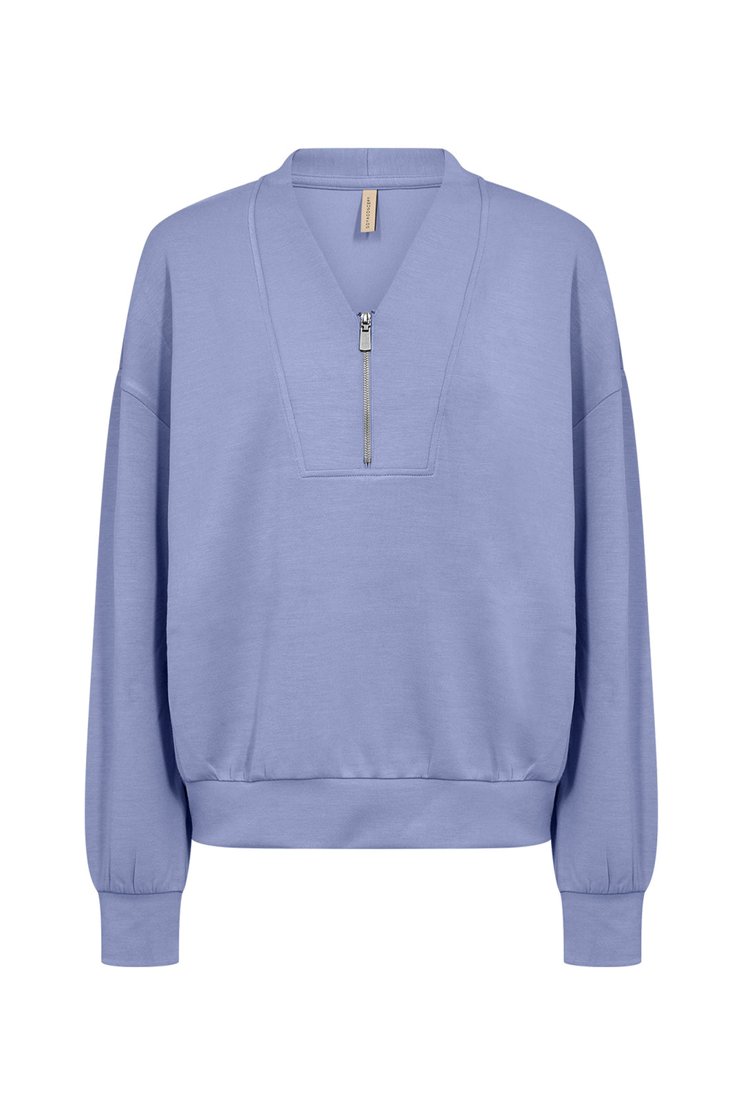 A light periwinkle blue half-zip sweatshirt with a V-neckline, ribbed cuffs, and a ribbed hem, shown against a plain white background.