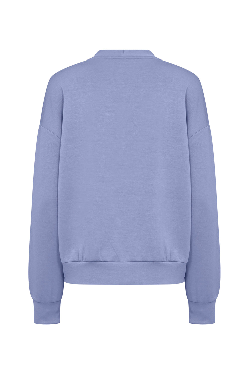A light periwinkle blue crewneck sweatshirt shown from the back, featuring a ribbed collar, cuffs, and hem, displayed on a solid white background.