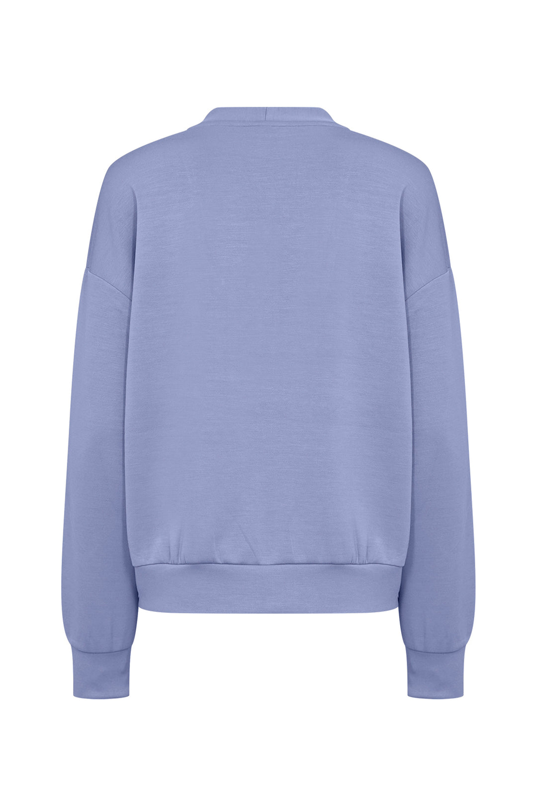 A light periwinkle blue crewneck sweatshirt shown from the back, featuring a ribbed collar, cuffs, and hem, displayed on a solid white background.