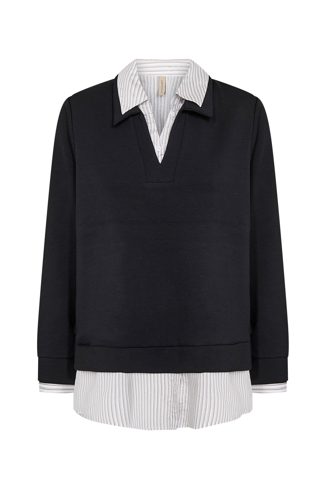 A black long-sleeve knit polo-neck sweater layered over a white and black vertically striped button-down shirt, shown against a plain white background.