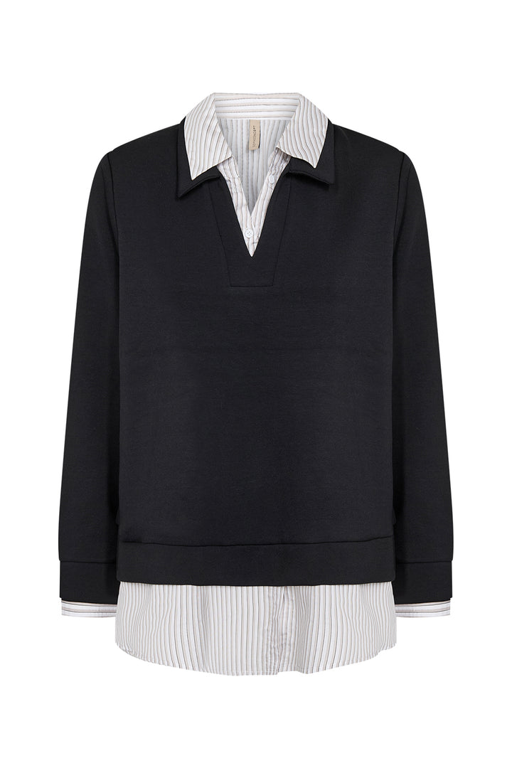 A black long-sleeve knit polo-neck sweater layered over a white and black vertically striped button-down shirt, shown against a plain white background.
