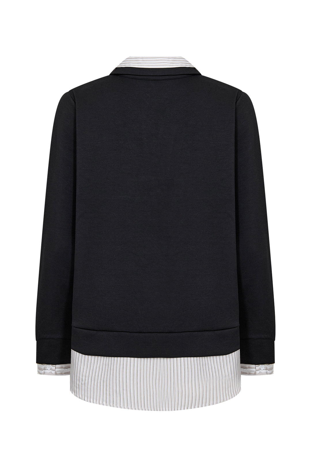 A black long-sleeve crewneck sweatshirt shown from the back, layered over a white and black vertically striped collared shirt. The sweatshirt features ribbed cuffs and hem, photographed against a solid white background.