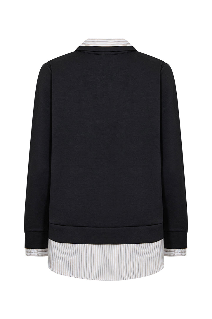 A black long-sleeve crewneck sweatshirt shown from the back, layered over a white and black vertically striped collared shirt. The sweatshirt features ribbed cuffs and hem, photographed against a solid white background.