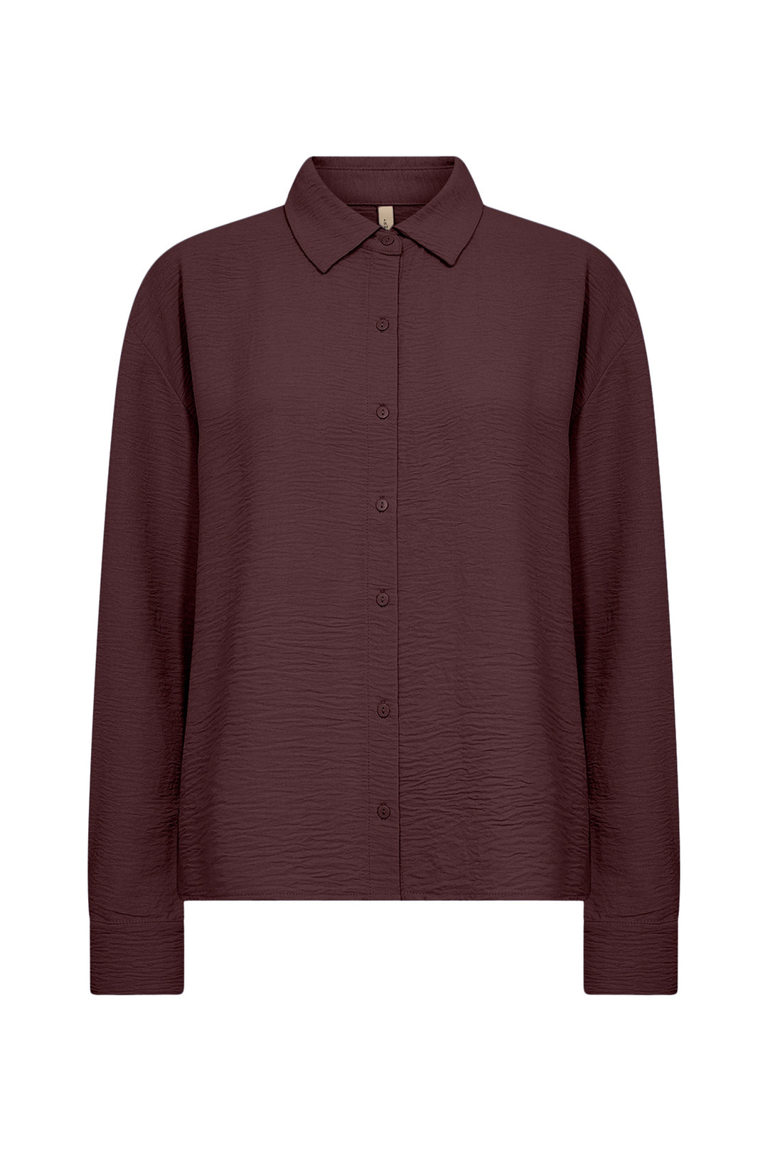 A brown long-sleeve collared shirt  featuring a subtle horizontal textured stripe pattern and buttoned cuffs, displayed on a clean white background.