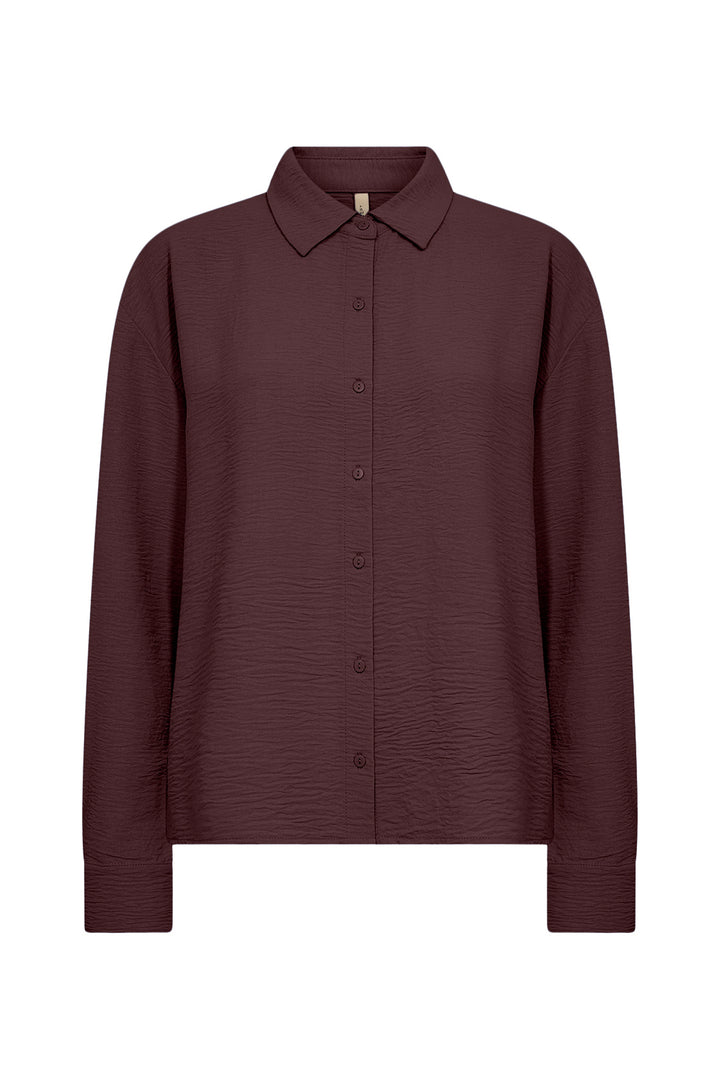 A brown long-sleeve collared shirt  featuring a subtle horizontal textured stripe pattern and buttoned cuffs, displayed on a clean white background.