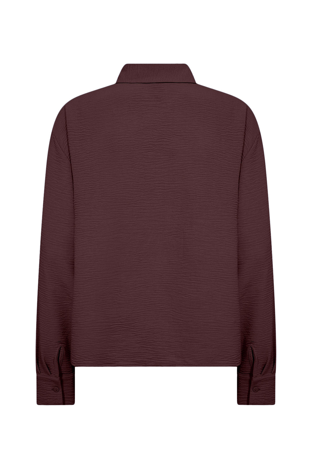 A brown long-sleeve collared shirt shown from the back, featuring a subtle horizontal textured stripe pattern and buttoned cuffs, displayed on a clean white background.