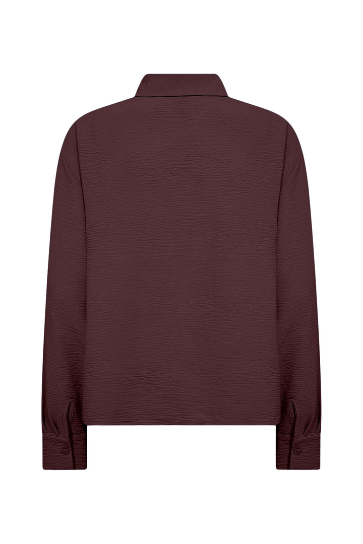 A brown long-sleeve collared shirt shown from the back, featuring a subtle horizontal textured stripe pattern and buttoned cuffs, displayed on a clean white background.