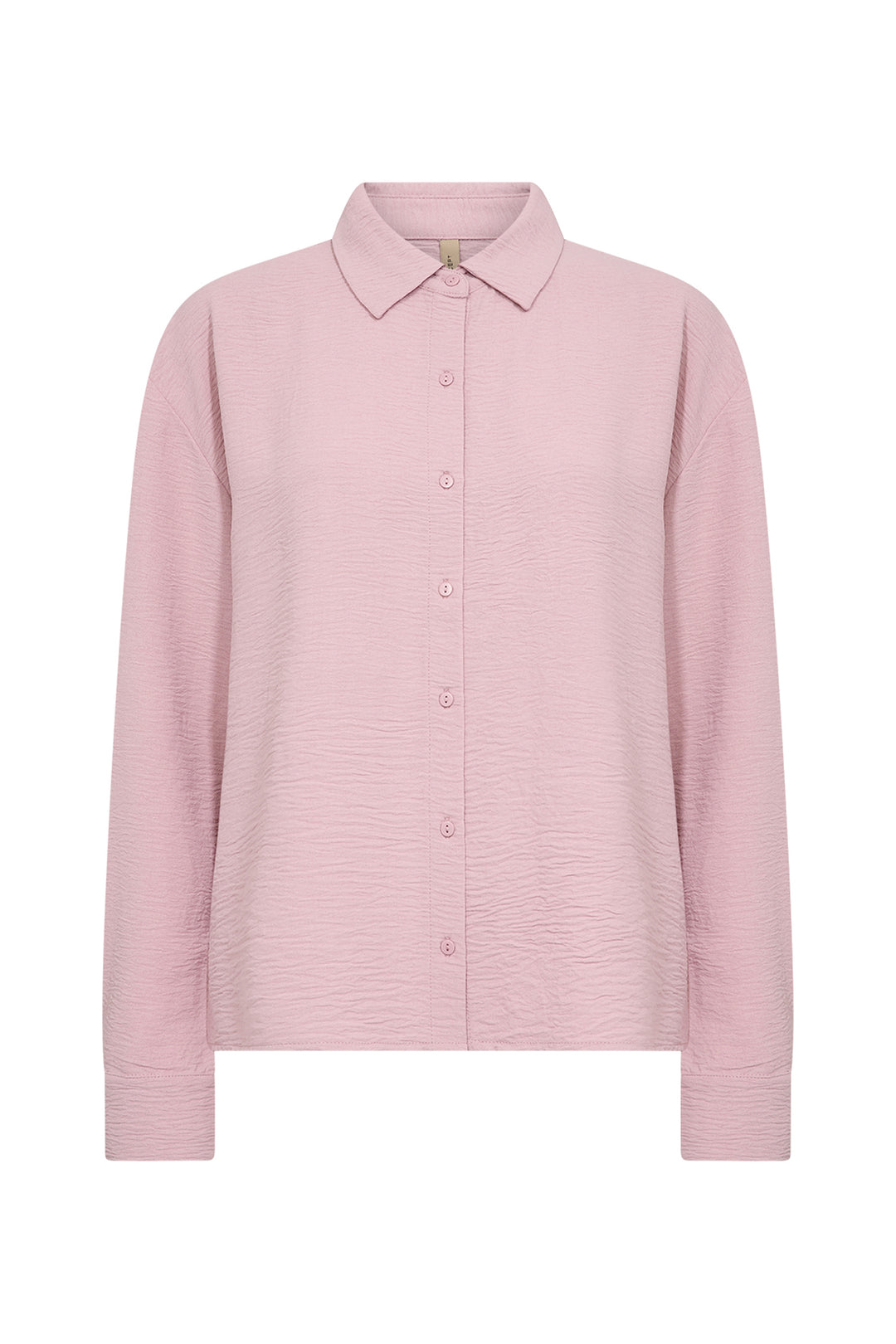 A light pink long-sleeve button-up shirt with a pointed collar, shown against a plain white background.