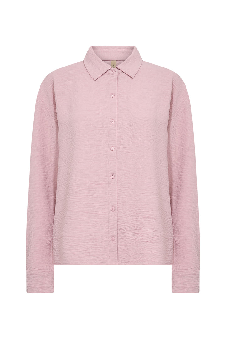 A light pink long-sleeve button-up shirt with a pointed collar, shown against a plain white background.