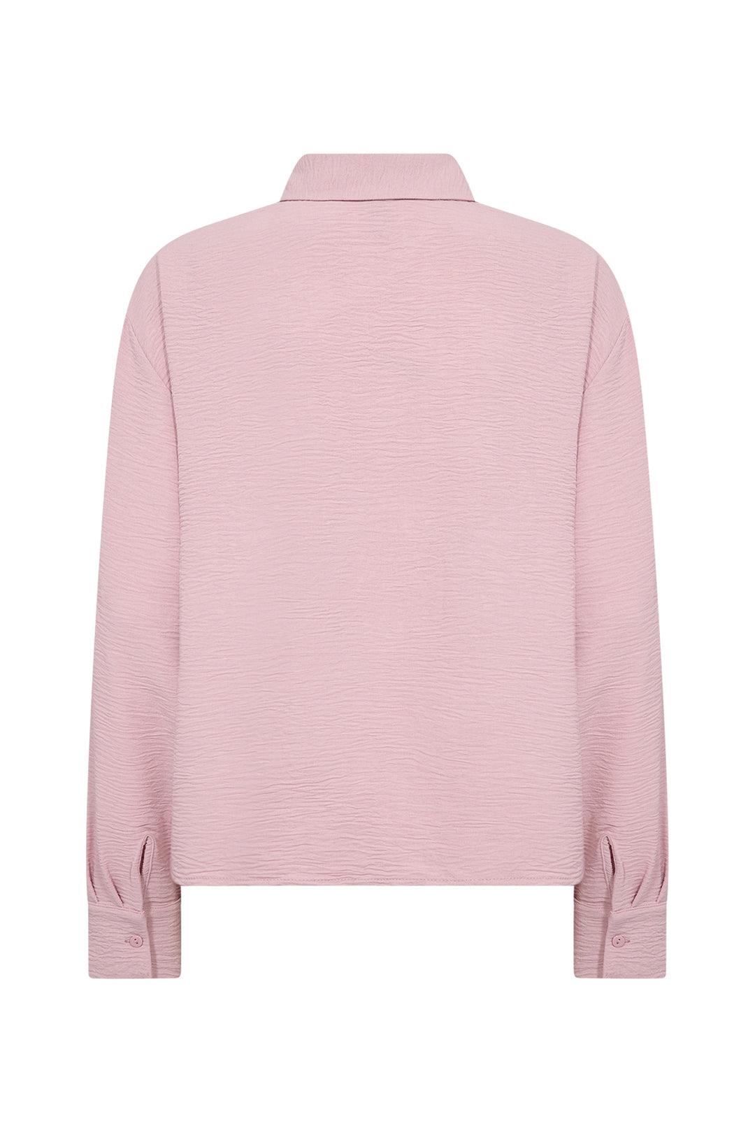 A light pink long-sleeve collared shirt shown from the back, featuring a subtle horizontal textured stripe pattern and buttoned cuffs, displayed on a clean white background.