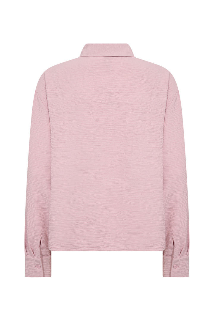 A light pink long-sleeve collared shirt shown from the back, featuring a subtle horizontal textured stripe pattern and buttoned cuffs, displayed on a clean white background.