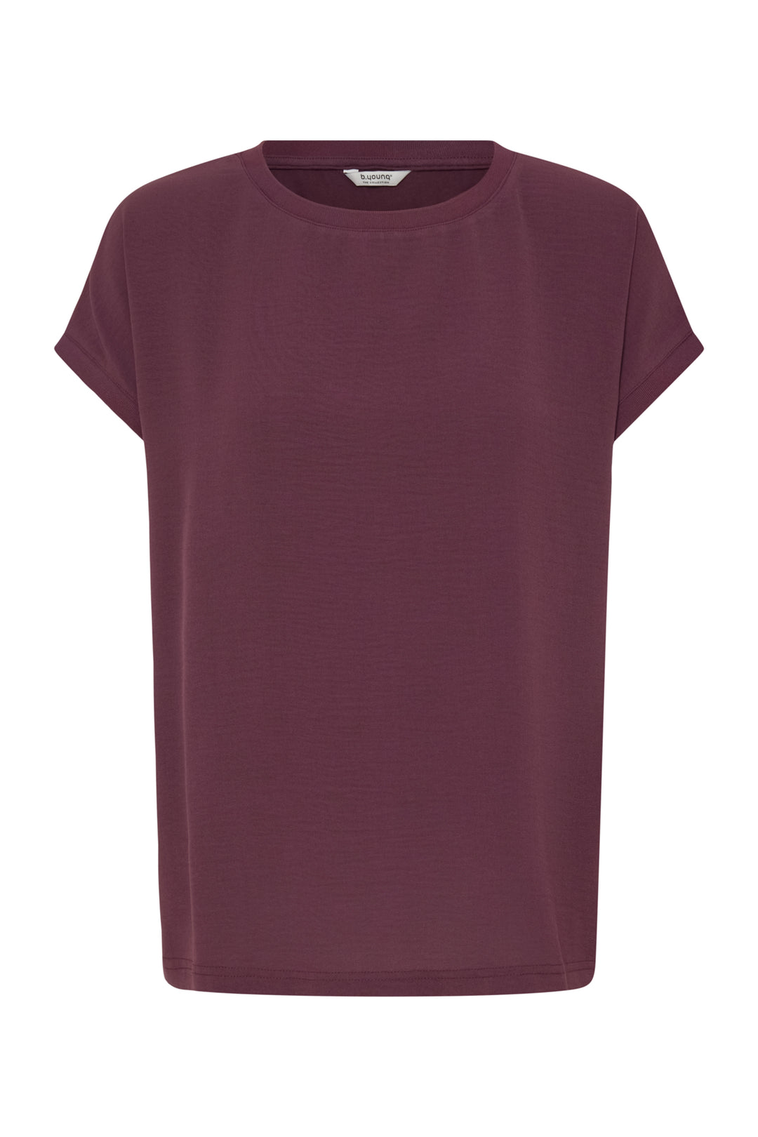 A short-sleeve crewneck t-shirt in a deep plum or burgundy color, displayed flat against a solid white background.