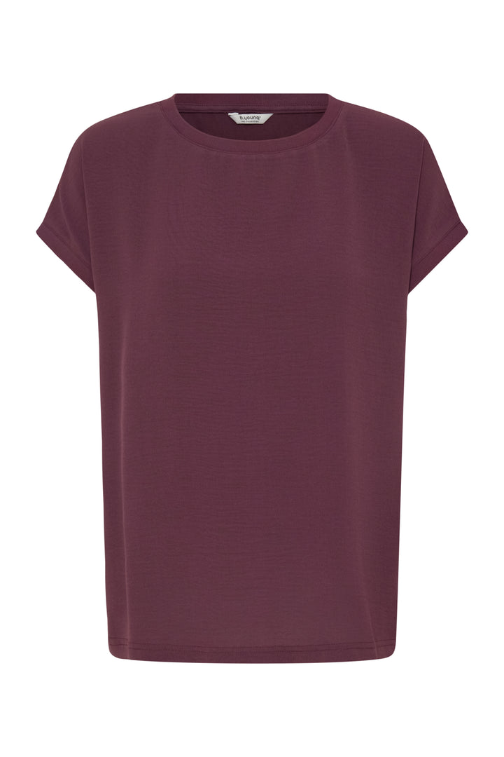 A short-sleeve crewneck t-shirt in a deep plum or burgundy color, displayed flat against a solid white background.