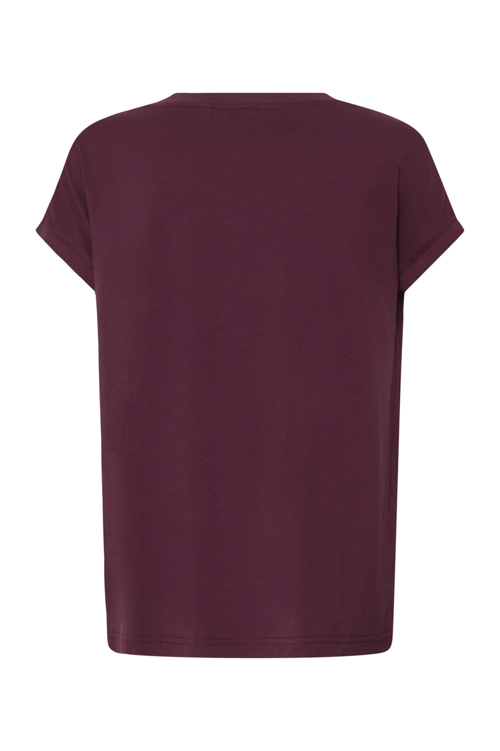 A short-sleeve crewneck t-shirt in a deep burgundy color, shown from the back on a plain white background.