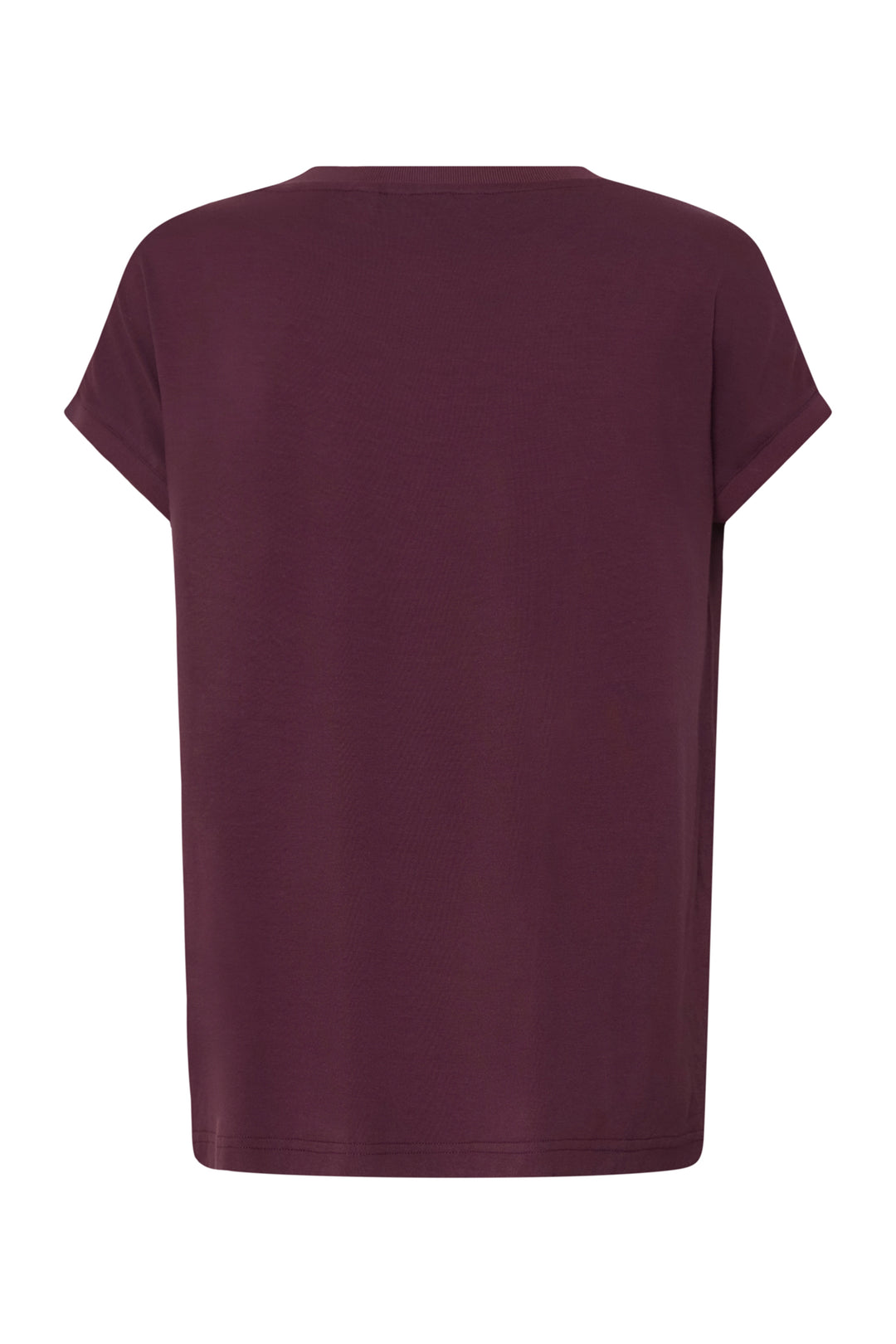 A short-sleeve crewneck t-shirt in a deep burgundy color, shown from the back on a plain white background.