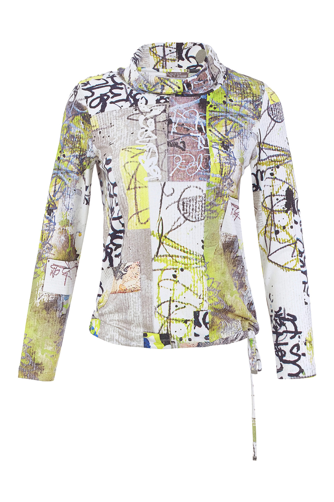 A women's multicoloured-graffiti print top with drawstring hem on a white background. 