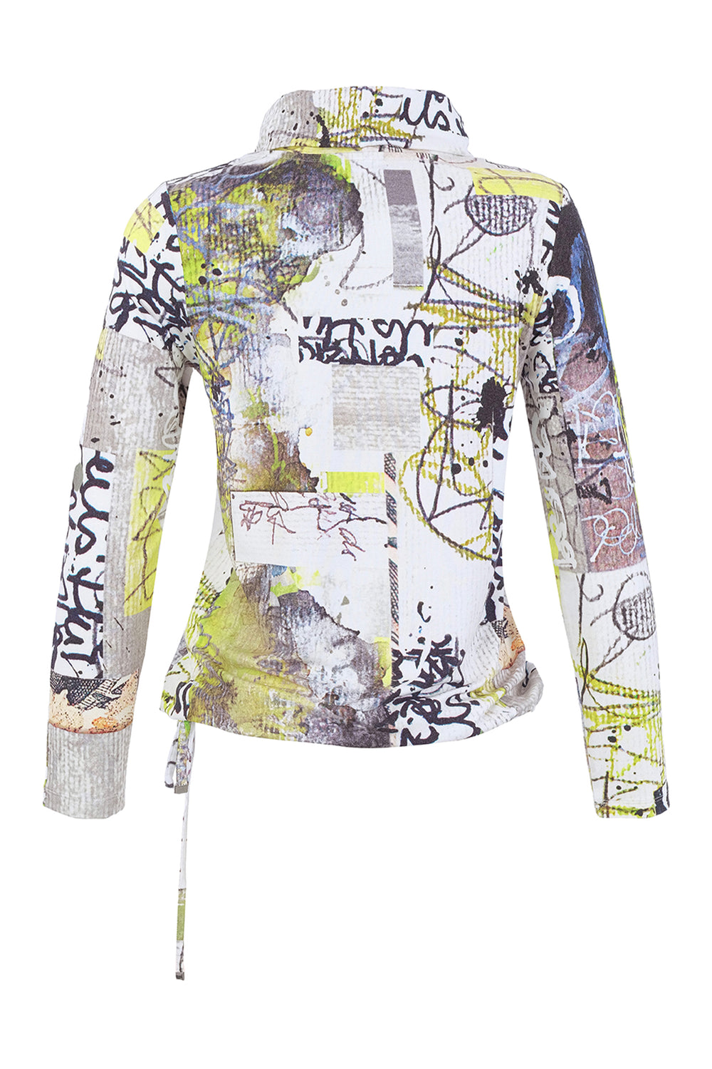 A women's multicoloured-graffiti print top with drawstring hem shown from the back on a white background. 