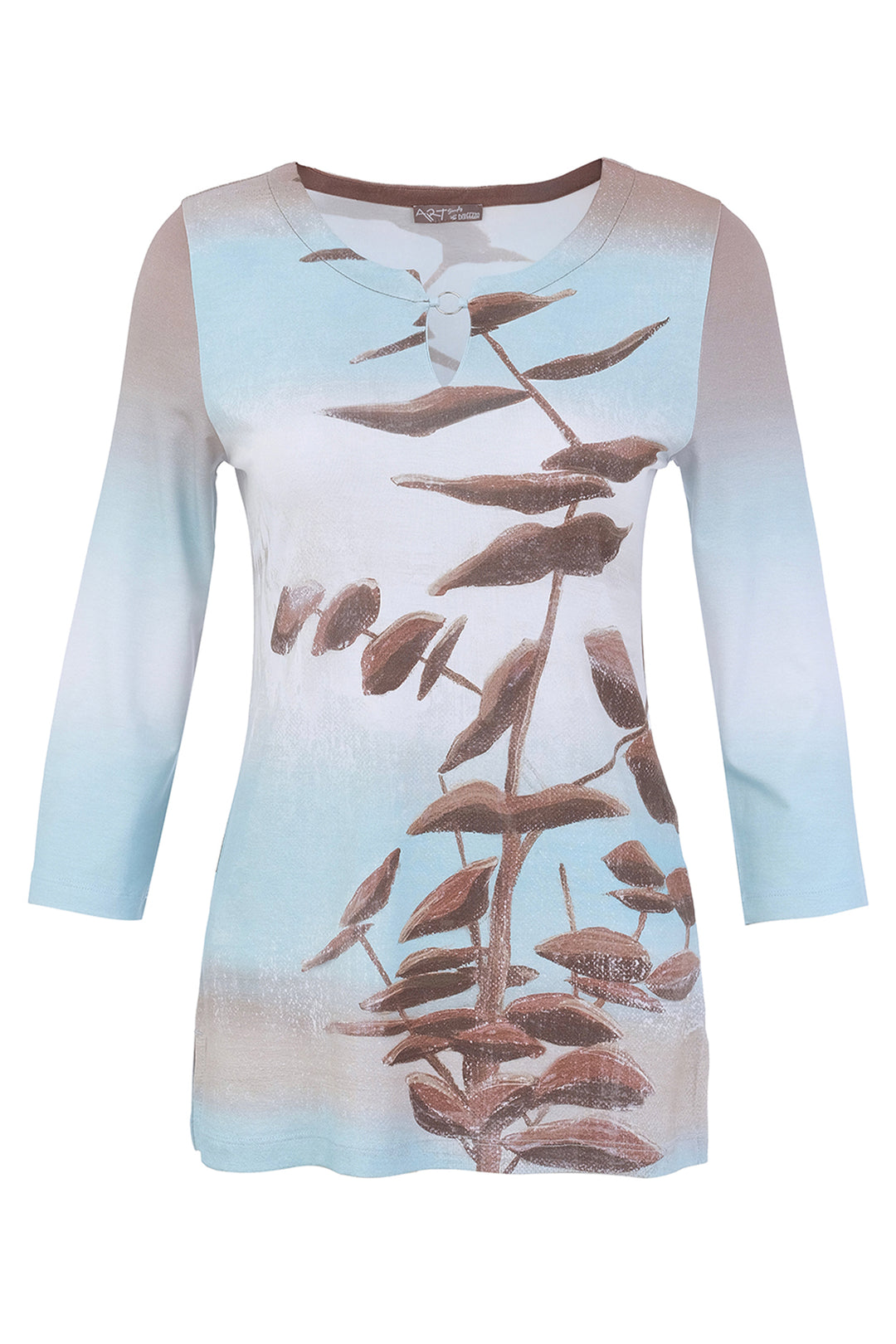 A women's long-sleeve tunic top with a gradient design transitioning from light blue at the top to beige at the bottom, featuring a brown botanical leaf pattern printed down the front.