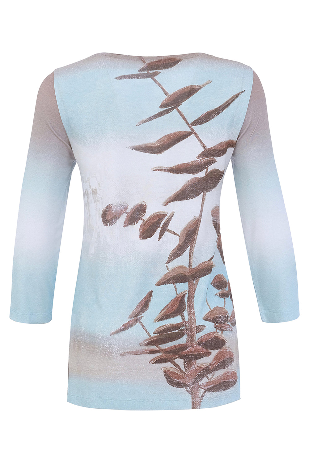 A women's long-sleeve tunic top with a gradient design transitioning from light blue at the top to beige at the bottom, featuring a brown botanical leaf pattern printed down the front.