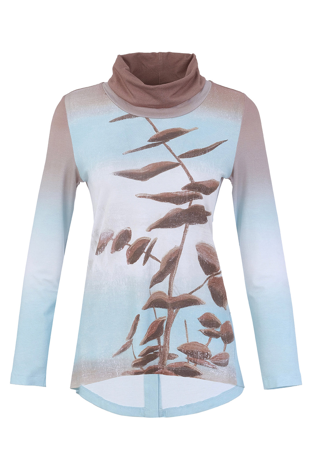 A women's high-low tunic blouse with blue and brown print on a white background. 