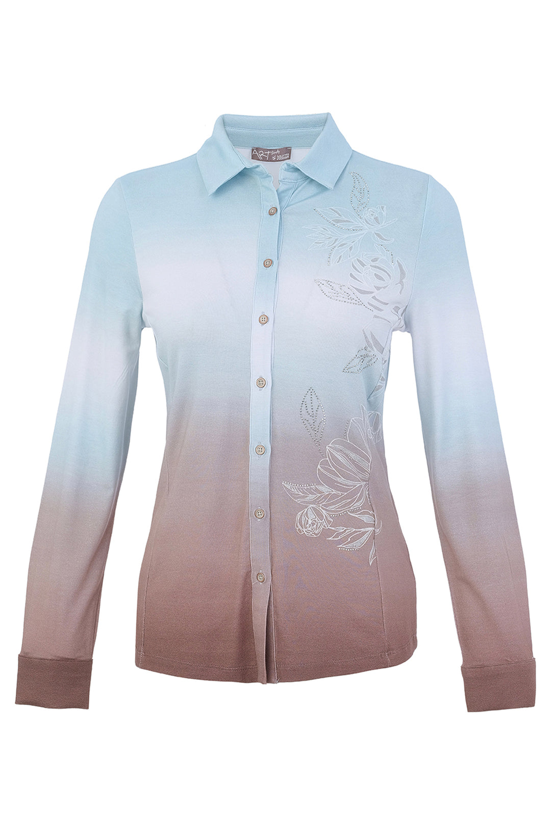 A women's blue and brown gradient blouse with flower embroidery shown on a white background. 