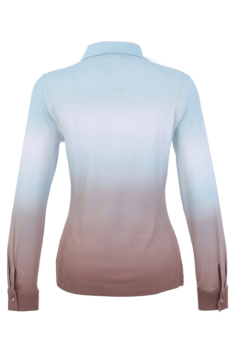 A women's blue and brown gradient blouse with flower embroidery shown on a white background. 