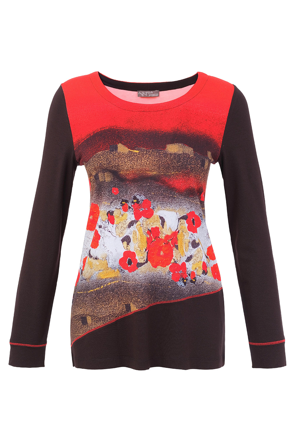 A women's long sleeve top with red and brown floral print shown in front of a white background. 