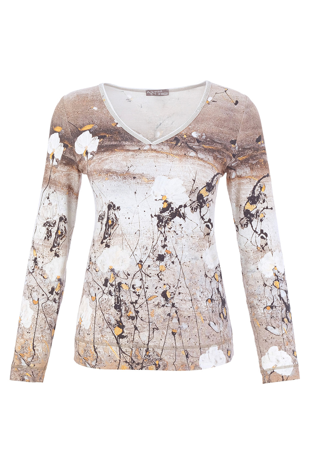 A women's long sleeve top with white and brown print in front of a white background. 
