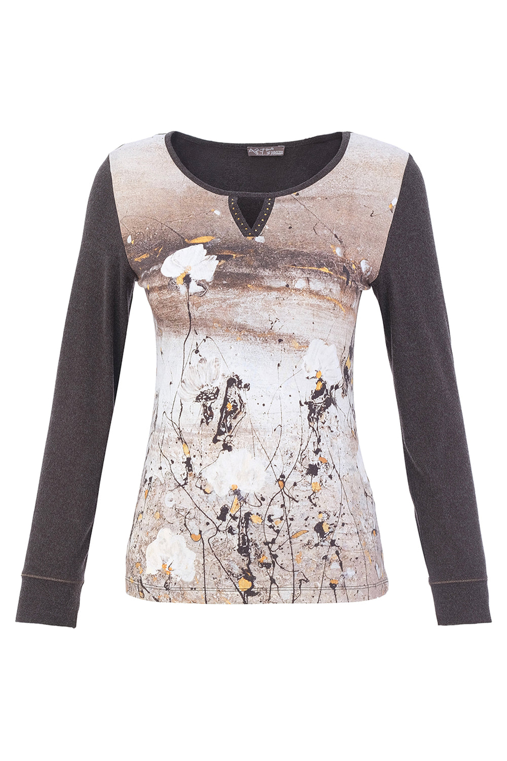 A women's long sleeve top with black back and sleeves, white and brown pattern on the front in front of a white background. 