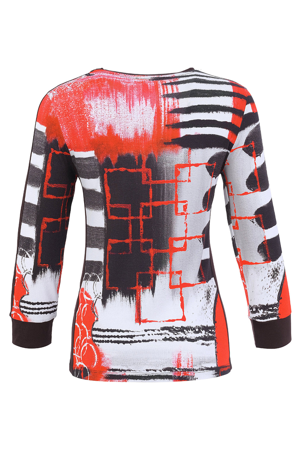 A women's black, white and red printed top shown from the back in front of a white background. 