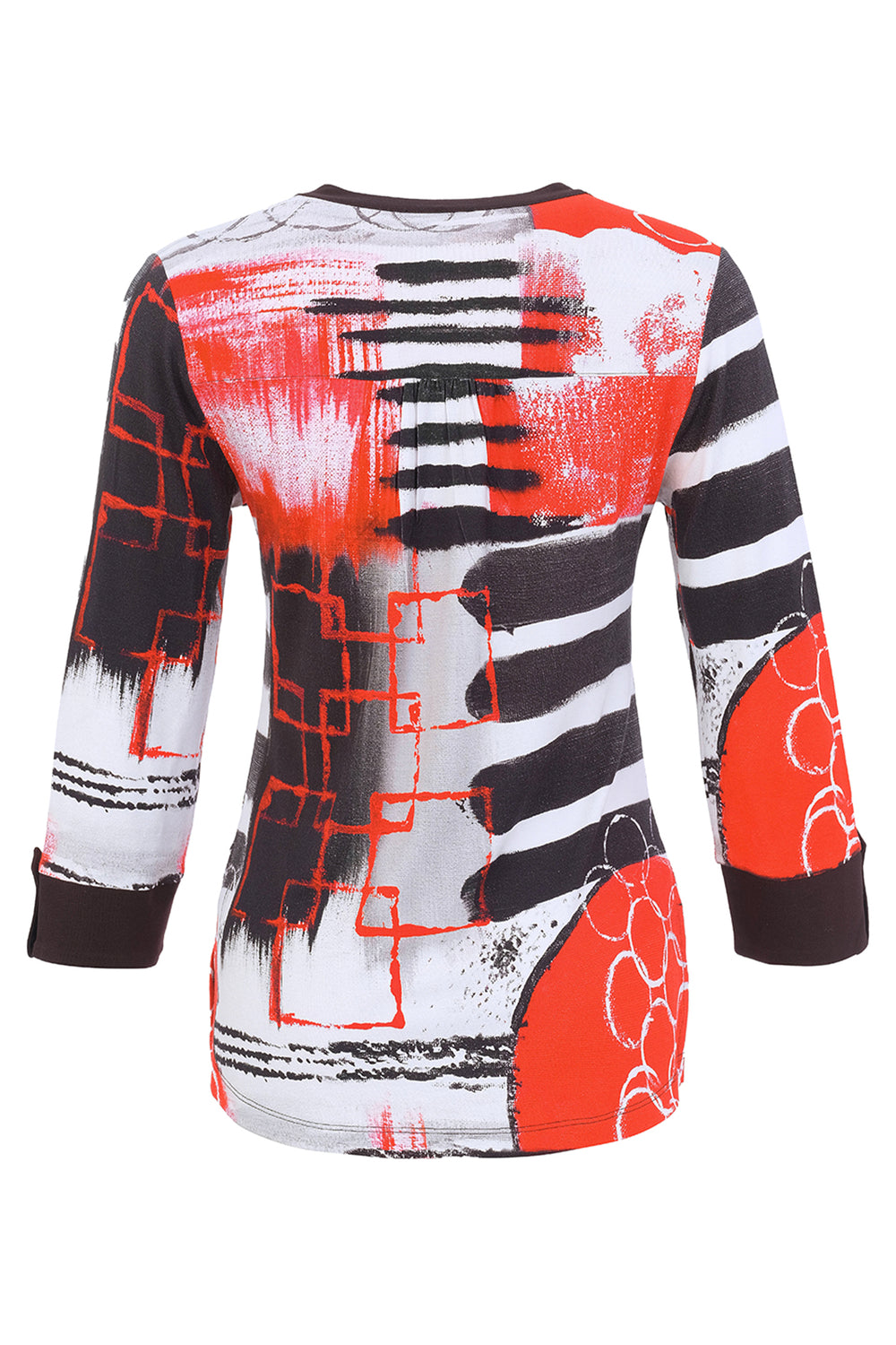 A women's black, white and red printed top shown from the back on a white background. 