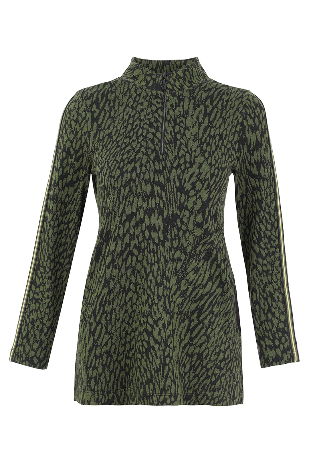 A women's long sleeve tunic with green animal print on a white background. 
