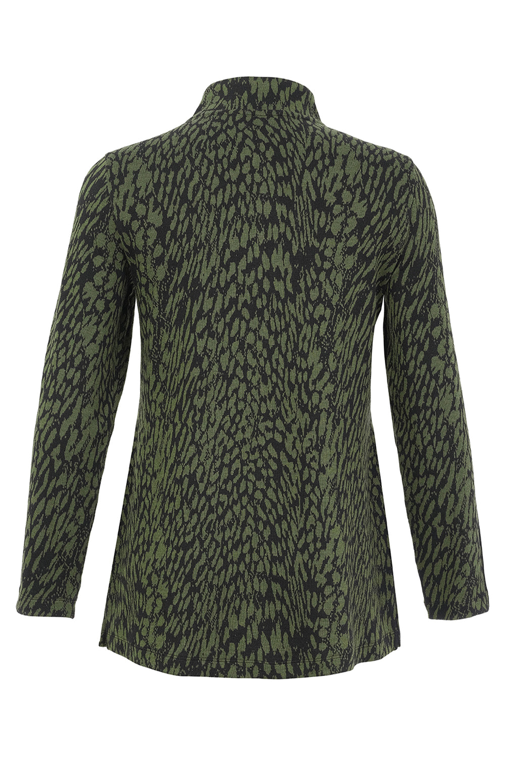 A women's long sleeve tunic with green animal print shown from the back on a white background. 