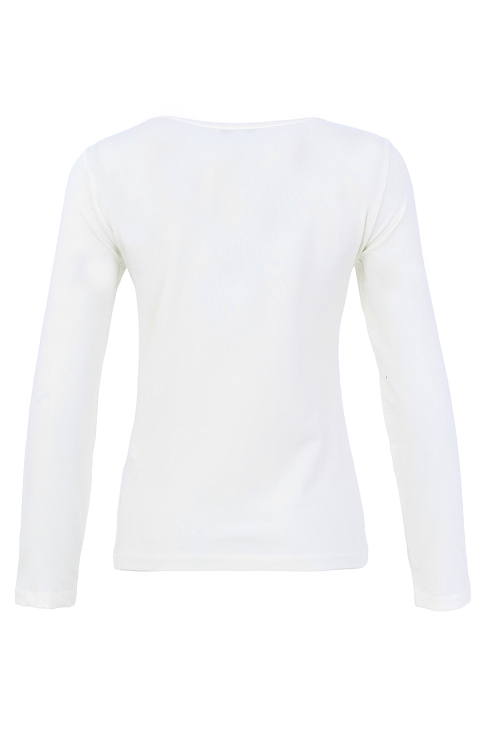 A women's white long sleeve tee with front graphic shown from the back on a white background. 