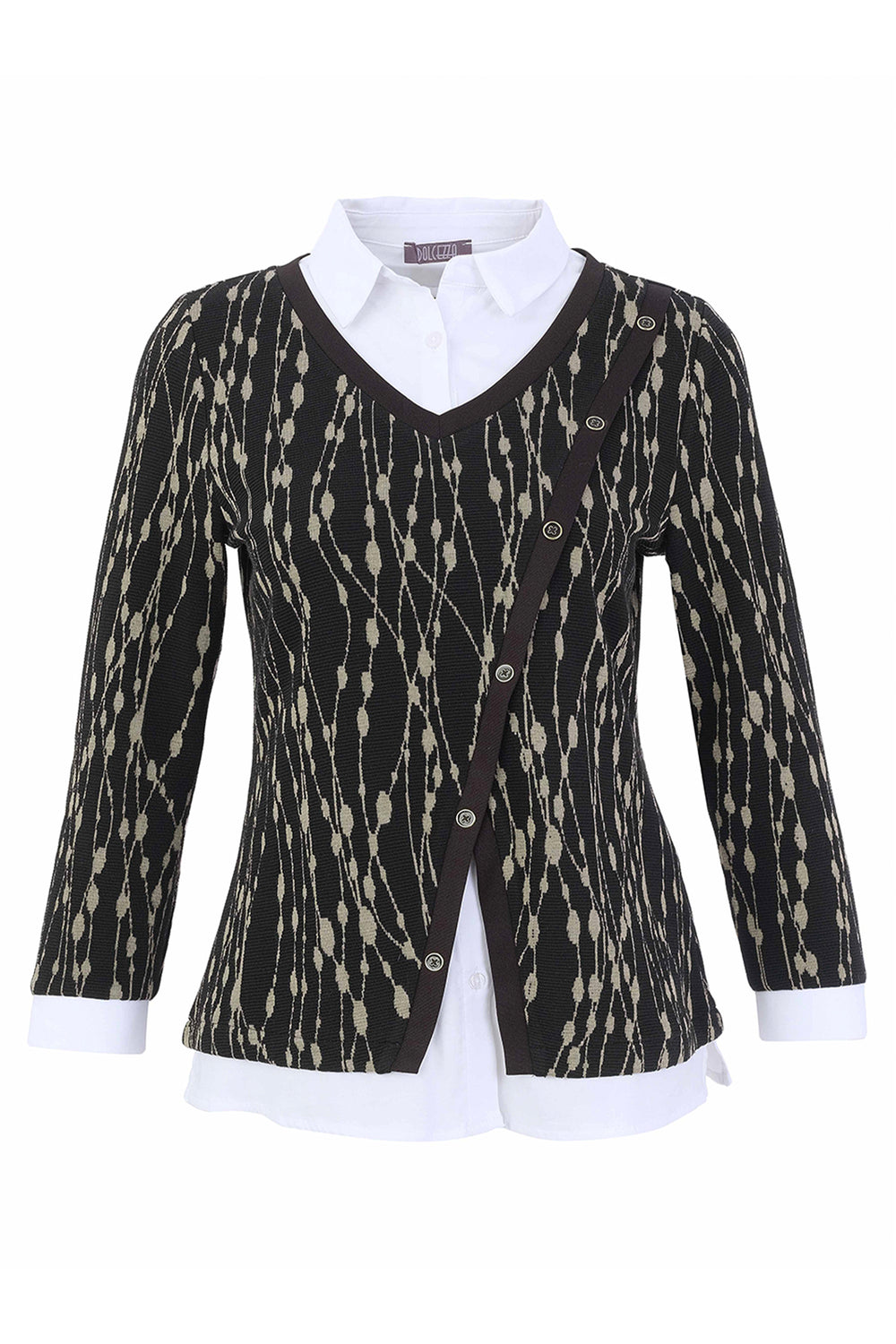 A women's long sleeve top with white collar and black and taupe print in front of a white background. 