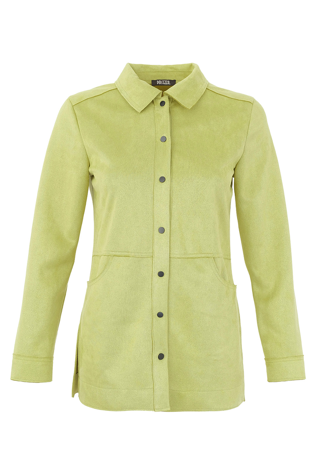 A light lime green long-sleeve button-up shirt jacket with a pointed collar and front pockets, shown on a plain white background.