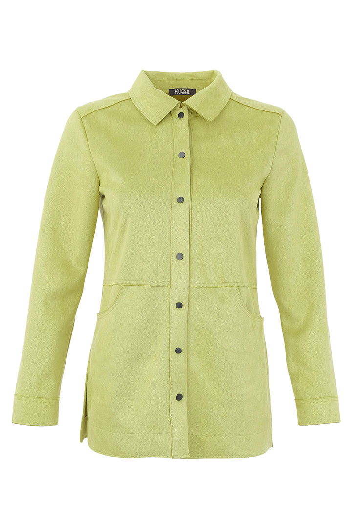 A light lime green long-sleeve button-up shirt jacket with a pointed collar and front pockets, shown on a plain white background.