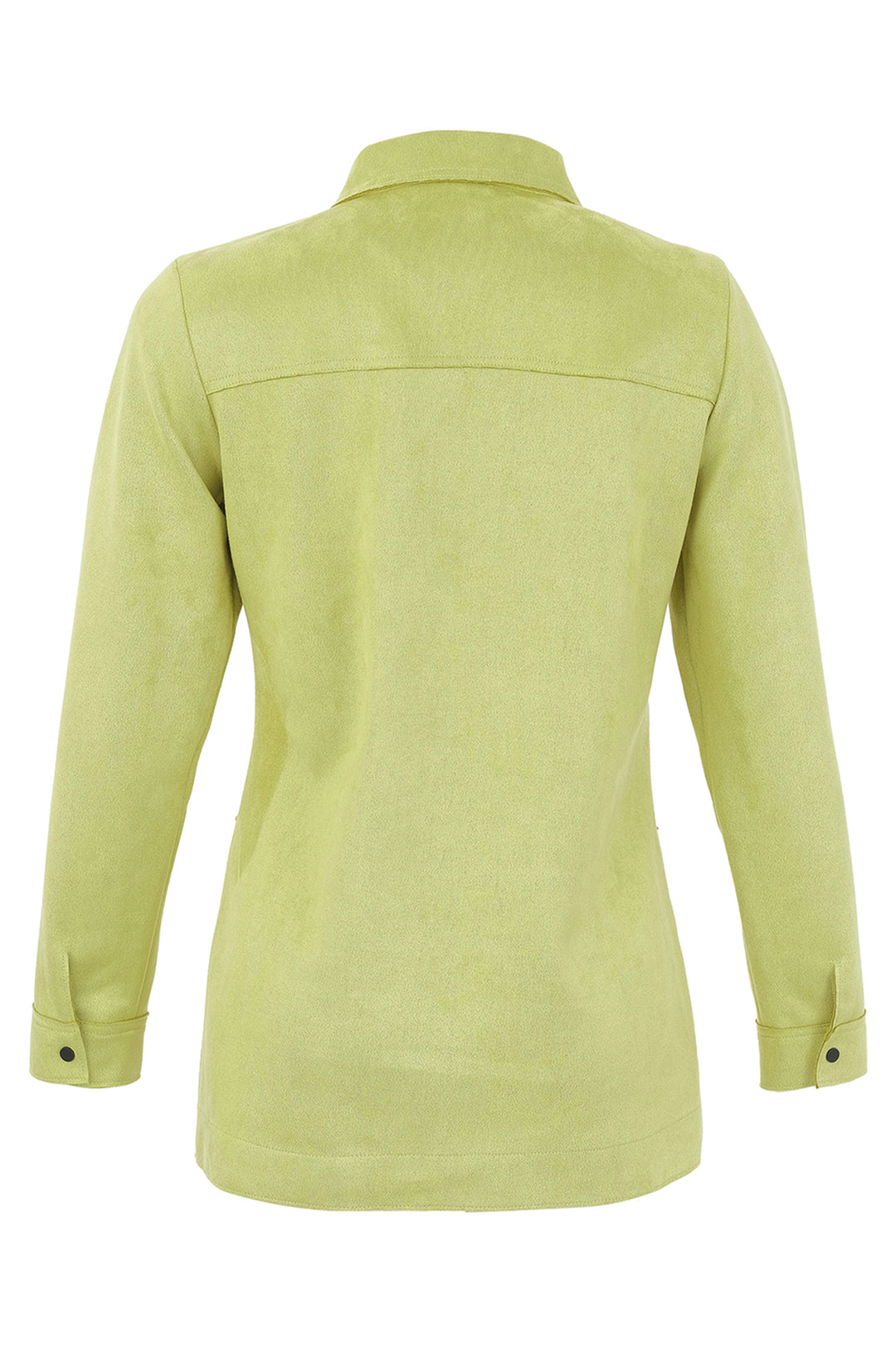 A light yellow-green long-sleeve button-up shirt shown from the back, featuring a collar and a horizontal seam across the upper back, on a plain white background.