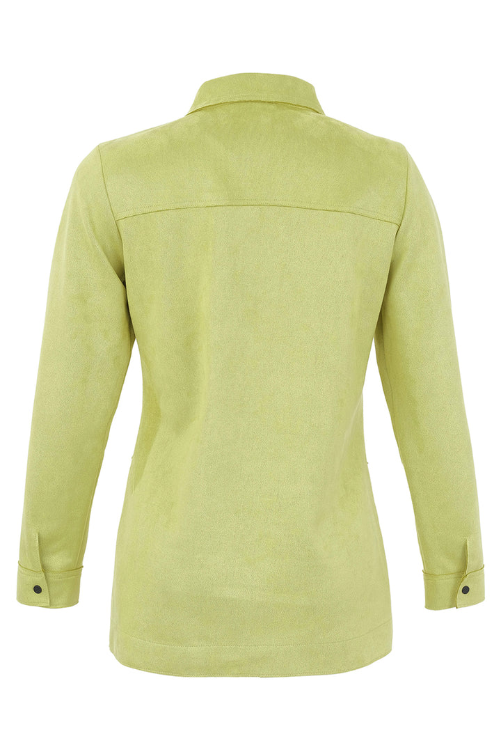 A light yellow-green long-sleeve button-up shirt shown from the back, featuring a collar and a horizontal seam across the upper back, on a plain white background.
