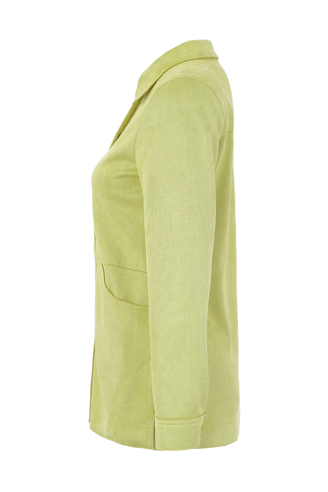 A light yellow-green long-sleeve button-up shirt shown from the side, on a plain white background.
