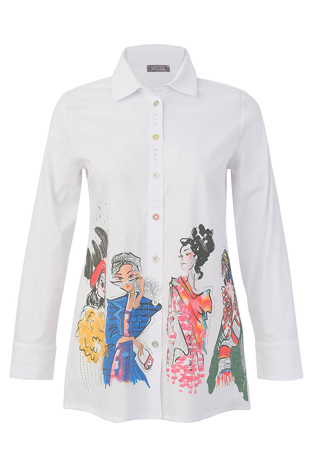 A white long-sleeve button-up shirt featuring a colorful graphic print of two illustrated women wearing sunglasses on the lower front.