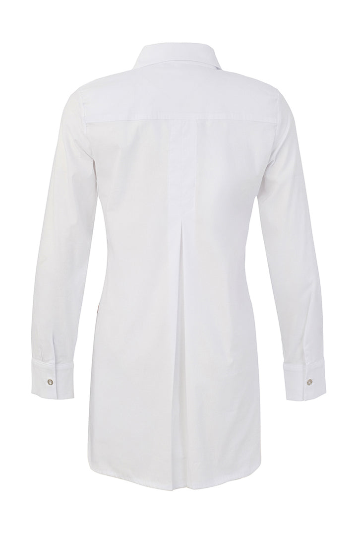 A white long-sleeve button-up shirt shown from the back, featuring a pointed collar and a central back seam, displayed on a clean white background.